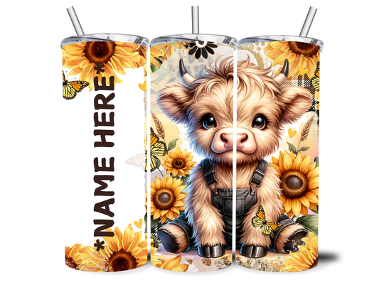 PERSONALISED SUNFLOWER HIGHLAND COW 20OZ INSULATED TUMBLER